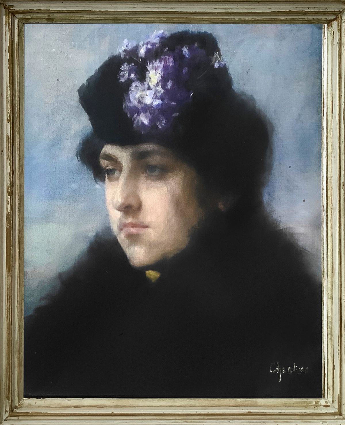 Alexandre Jacques Chantron - Ritratto di Donna con Cappello Floreale
