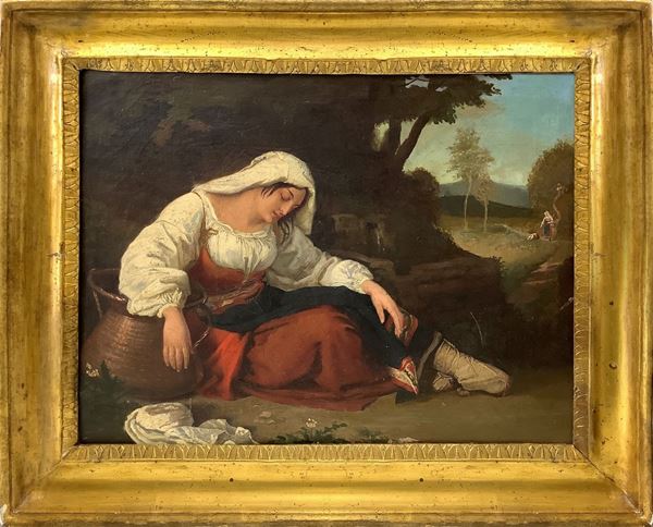 Peasant woman with basket resting under a tree