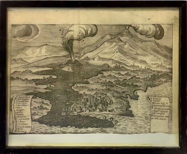 Riproduzione del XVII secolo, Etna con Catania e legenda dei paesi etnei