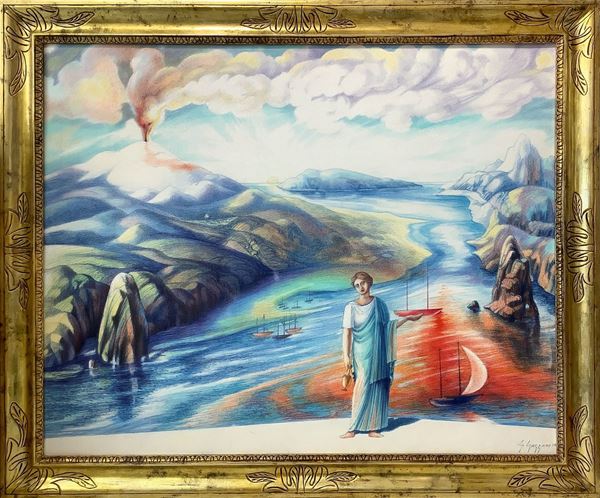Giuseppe Guzzone - Paesaggio con Etna e figura mitologica in primo piano