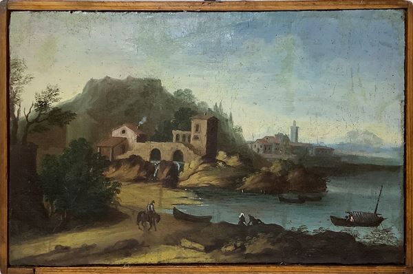 Giuseppe Zais - Paesaggio con case, barche e personaggi
