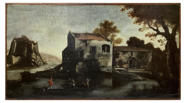 Giuseppe Zais - Paesaggi fluviale con alberi frondosi, barche con pescatori, case e torri in lontananza