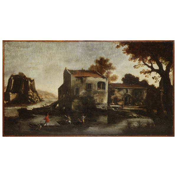 River landscapes with leafy trees, boats with fishermen, houses and towers in the distance