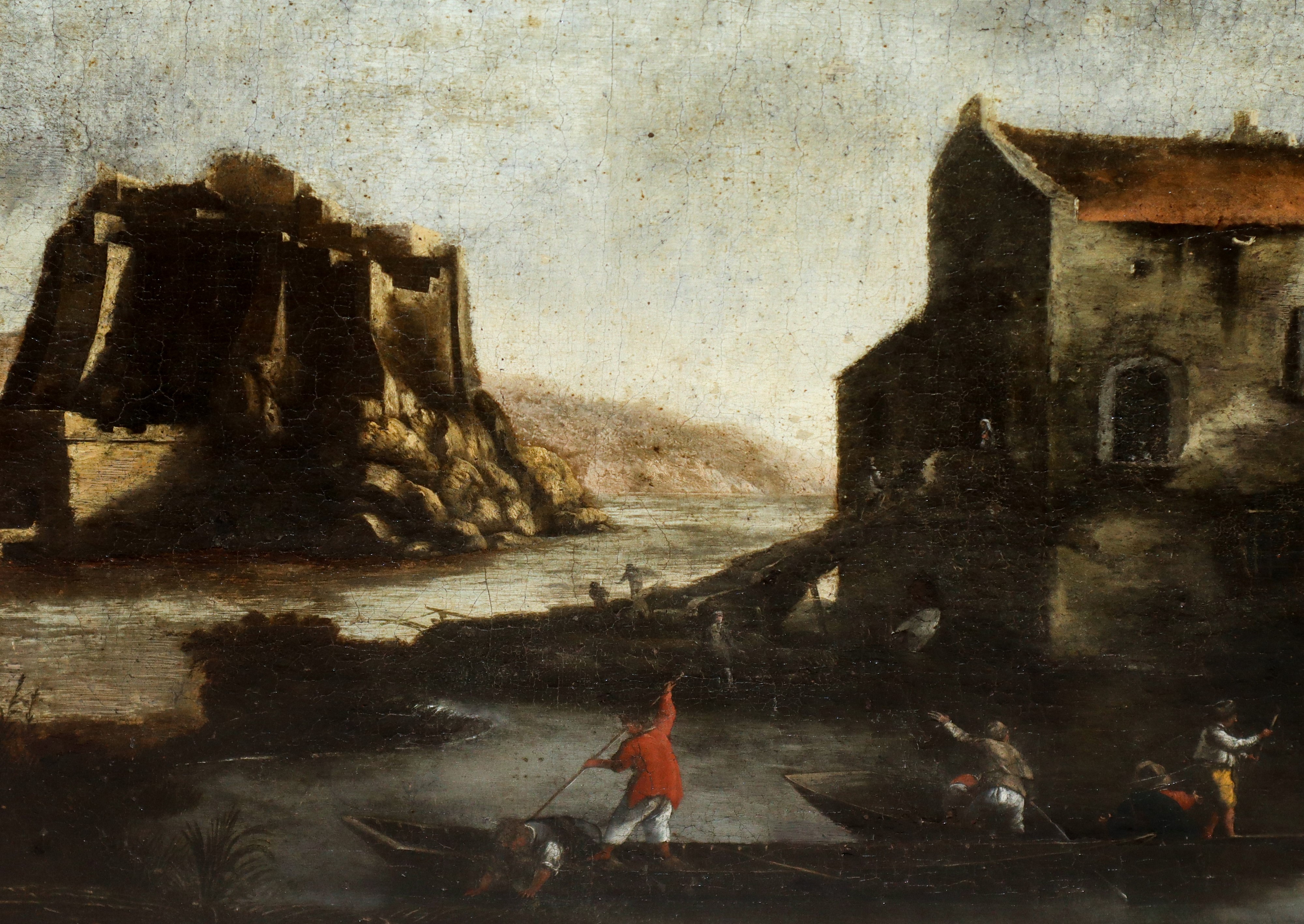 Paesaggio fluviale con pescatori, casolare e rocca sullo sfondo