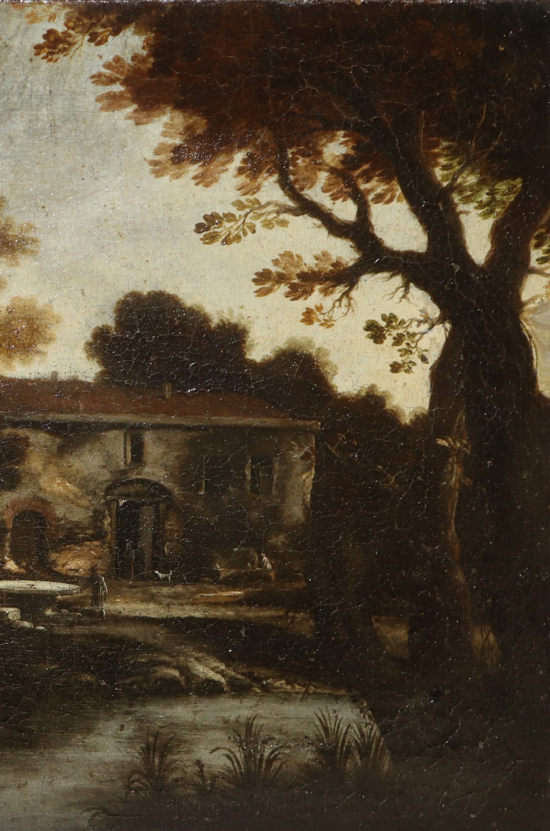 Paesaggio fluviale con pescatori, casolare e rocca sullo sfondo