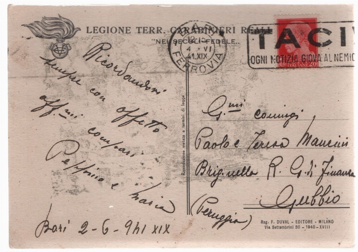 Cartolina Originale Legione Carabinieri Reali di Bari
