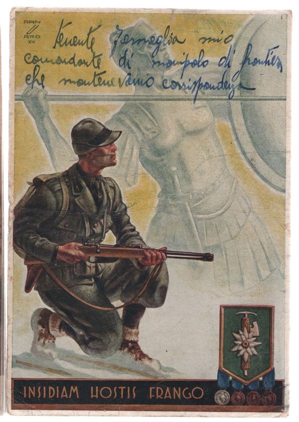 Rare original postcard M.V.S.N. 58th legion S. Giusto special cohort - Insidiam Hostis Frango-
