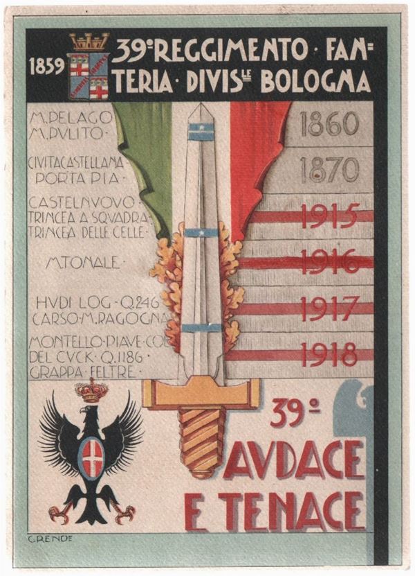 Original postcard of the 39th divisional infantry regiment of Bologna