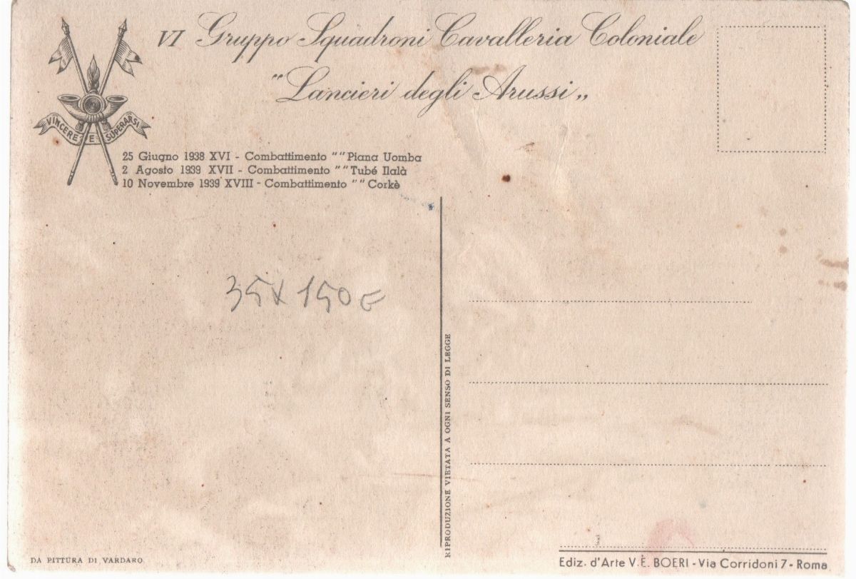 Rara cartolina coloniale originale VI gruppo squadroni cavalleria "Lancieri degli Arussi"