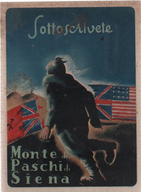 Original propaganda postcard underwriting Monte Paschi di Siena - Bersagliere faces enemy flags
