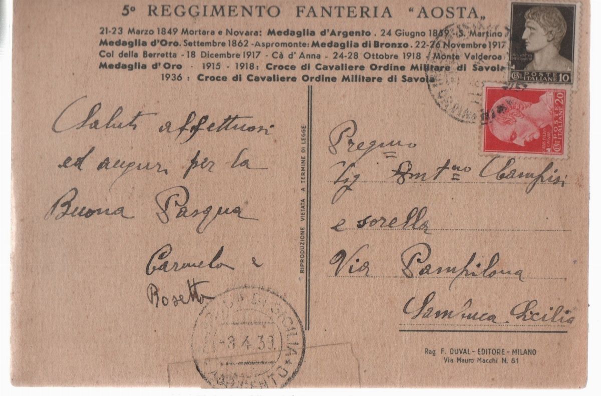 Cartolina Originale 5° Reggimento Fanteria "aosta"