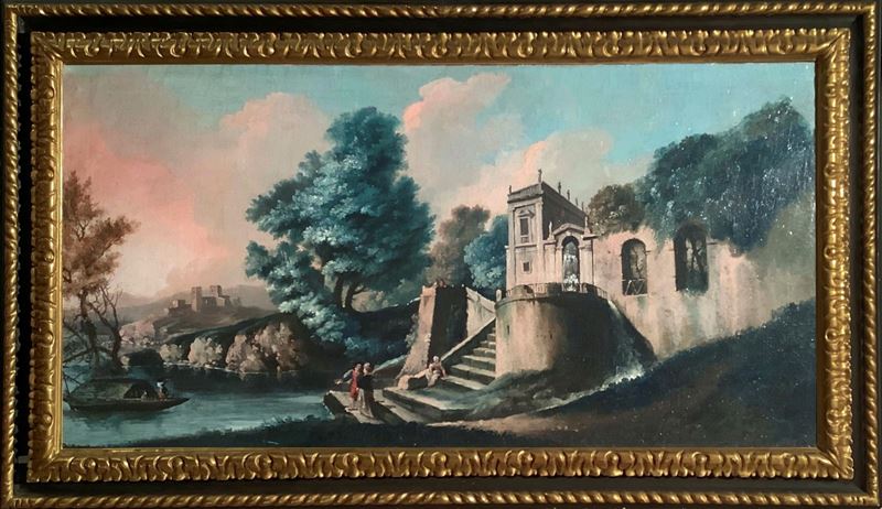 Veduta del Tevere a carattere archeologico con personaggi