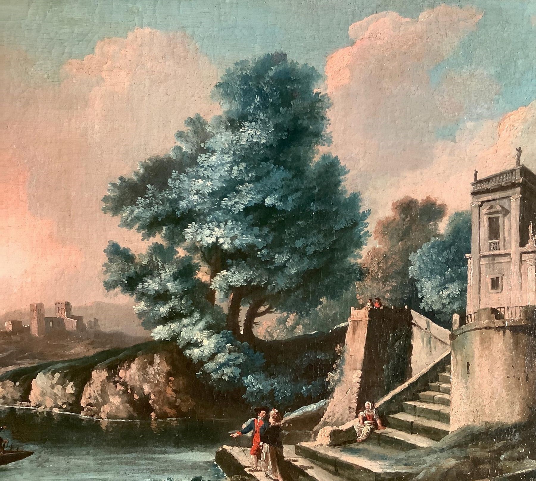 Veduta del Tevere a carattere archeologico con personaggi