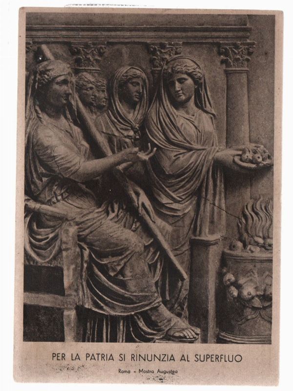 cartolina originale in franchigia militare - bassorilievi romani "per la patria si rinunzia al superfluo"