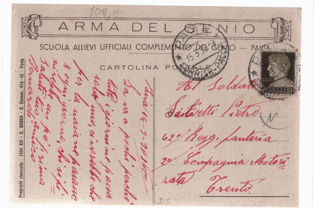 Cartolina Originale Arma del Genio "scuola Allievi Ufficiali Completamento del Genio - Pavia"