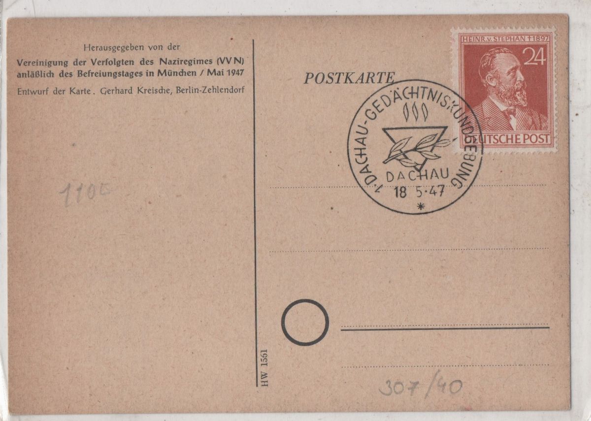 Cartolina Originale Rara "celebrazione della Liberazione di Dachau" 18.05.1947