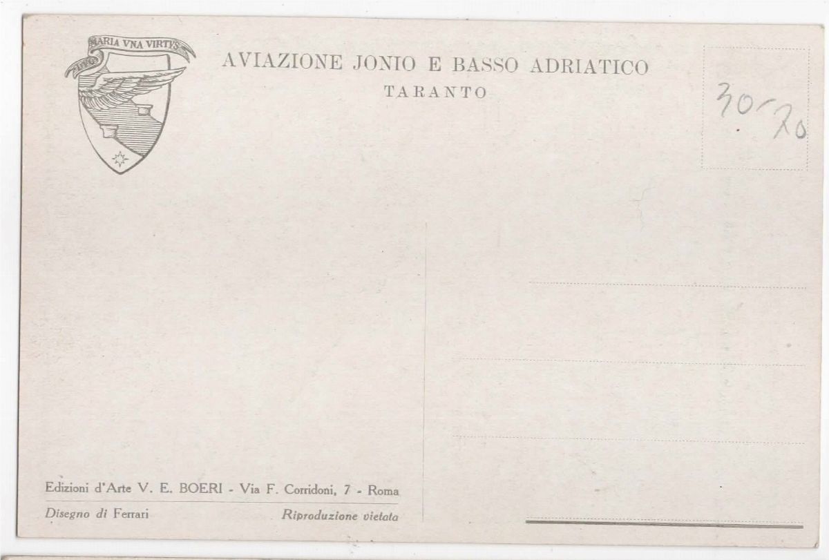 Cartolina Originale Propaganda Aviazione Jonio e Basso Adriatico- Taranto alla Littoria