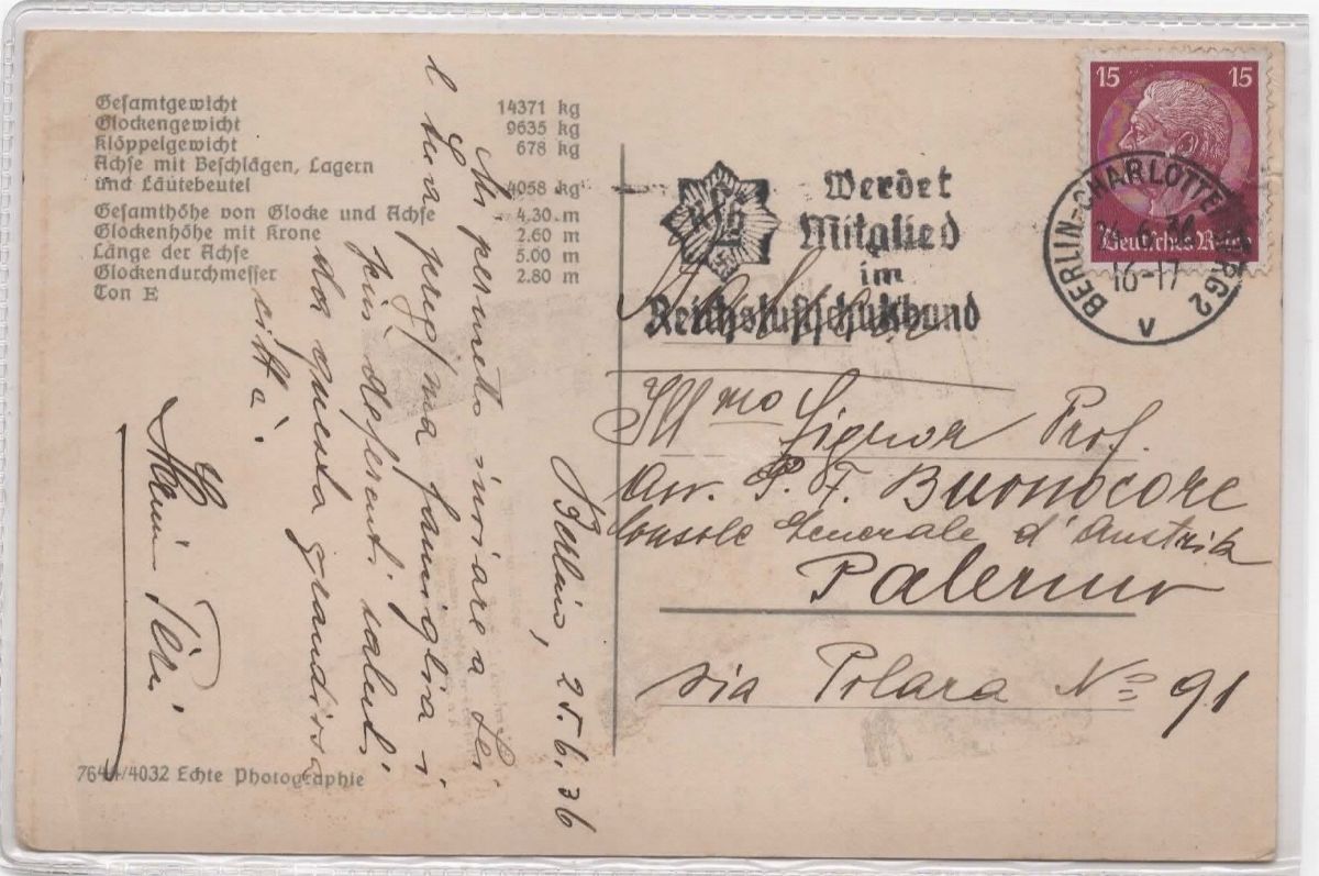 Cartolina Originale Campana Olimpica per le Olimpiadi di Berlino 1936