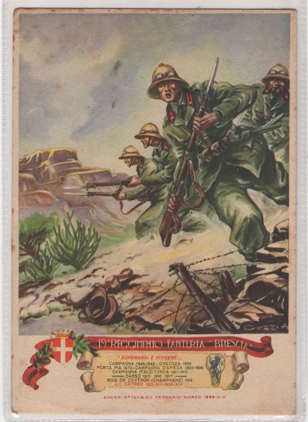 Original postcard 19th Brescia infantry regiment "to overcome is to win"