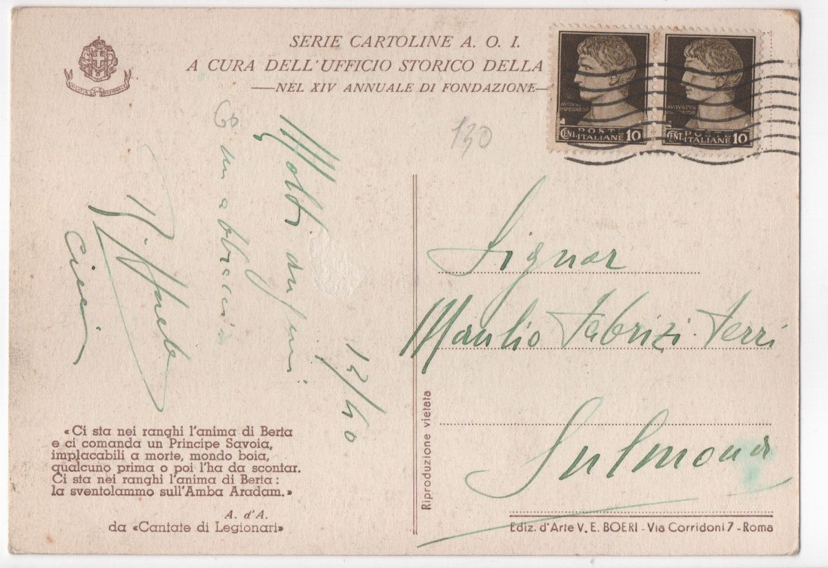 Cartolina Oiginale Coloniale Etiopia 1° Divisione CC. Nn. 23 Marzo Ad Amba Aradam