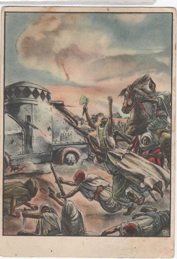 Original colonial postcard "Heroic Militia" war cross to the V.M to the 2nd Libyan legion - Berenice