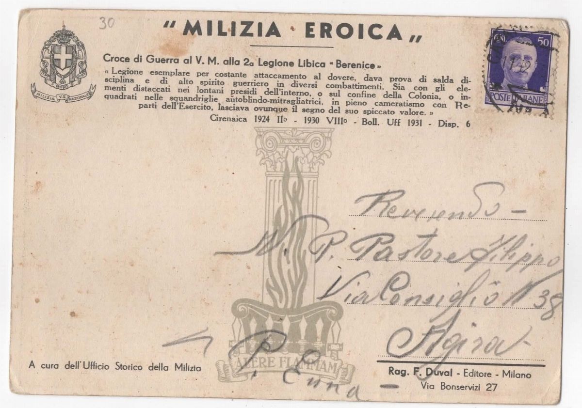 Cartolina Originale Coloniale "milizia Eroica" Croce di Guerra al V.M alla 2a Legione Libica - Be...