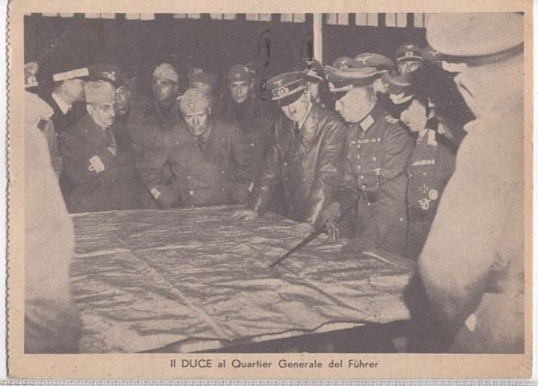 Original propaganda postcard "Il Duce at the headquarters of the Fuhrer"