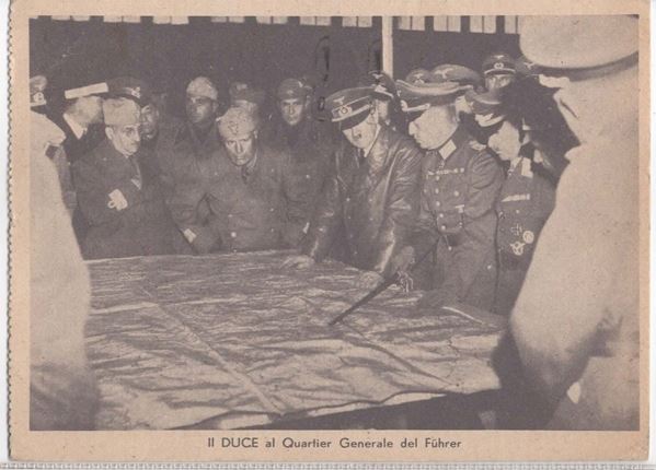 Cartolina originale propaganda "Il Duce al quartier generale del Fuhrer"