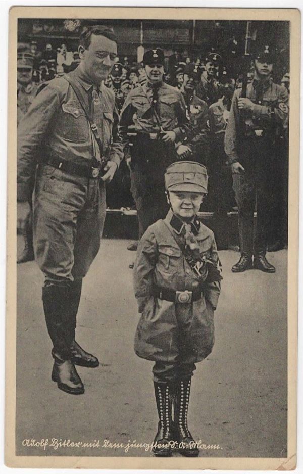 Rare original postcard "Hitler with the youngest S A Mlaun"
