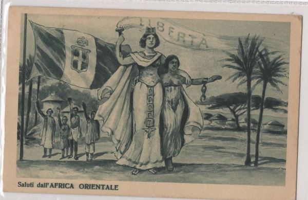 Rara cartolina coloniale "Saluti dall'Africa Orientale"