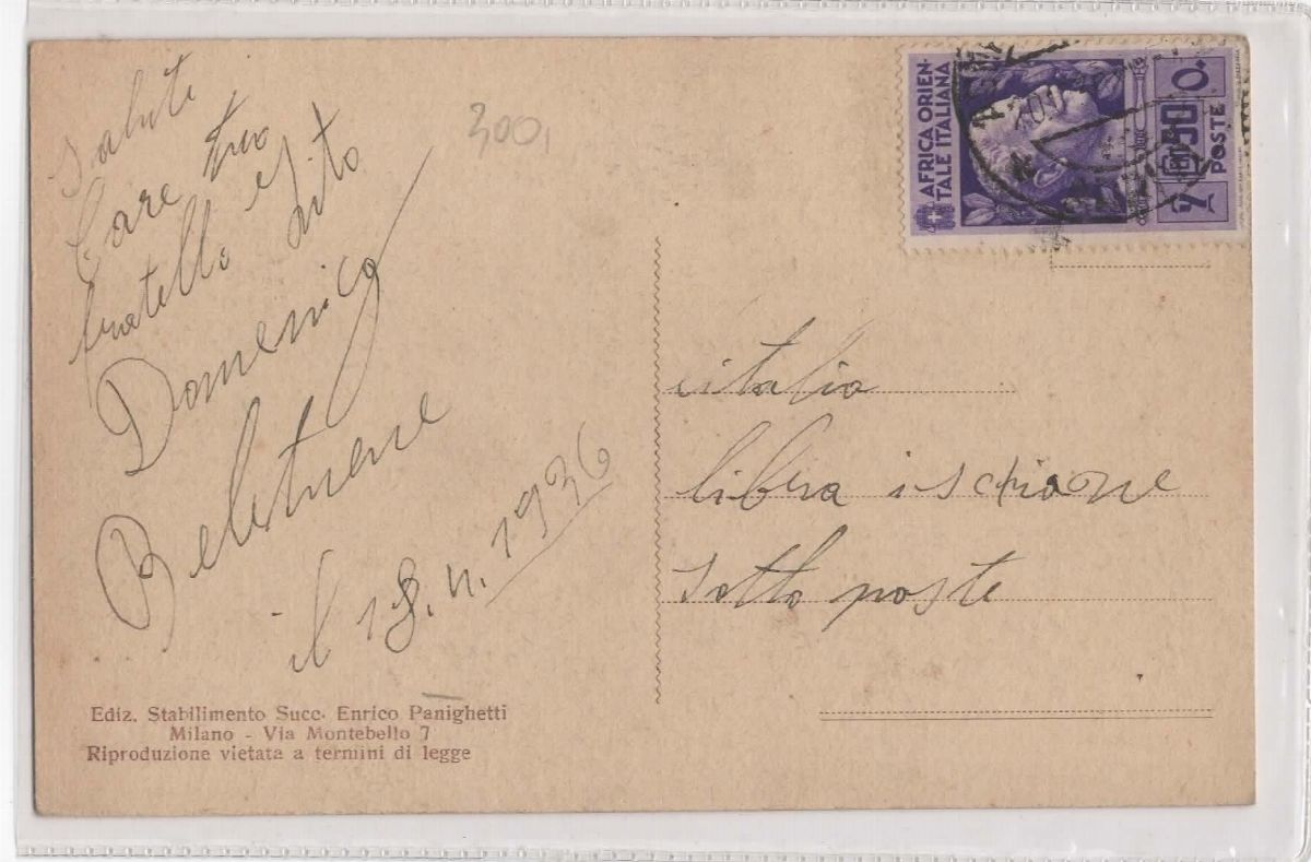 Rara cartolina coloniale "Saluti dall'Africa Orientale"