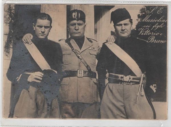 Original postcard "Mussolini with his sons Vittorio and Bruno"