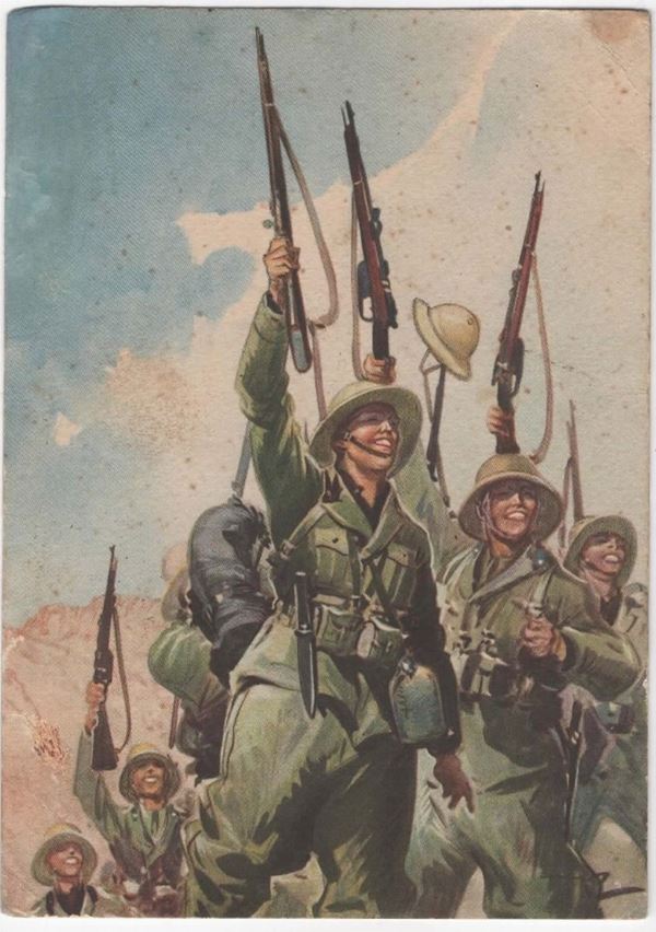 Cartolina originale coloniale rara- fanti e camicie nere "In africa vi è posto e probabilmente gloria per tutti"