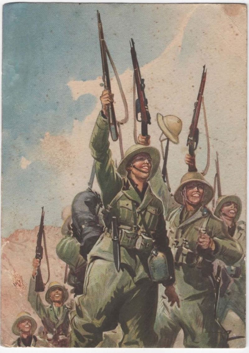 Cartolina originale coloniale rara- fanti e camicie nere "In africa vi è posto e probabilmente gl...