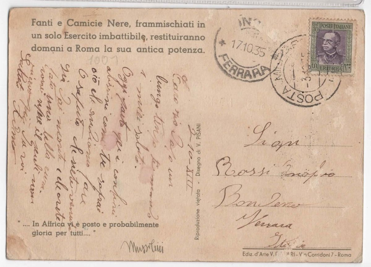 Cartolina originale coloniale rara- fanti e camicie nere "In africa vi è posto e probabilmente gl...