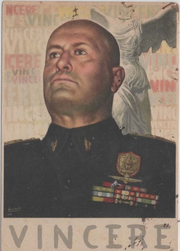 Original postcard by Mussolini - "Vincere" in color