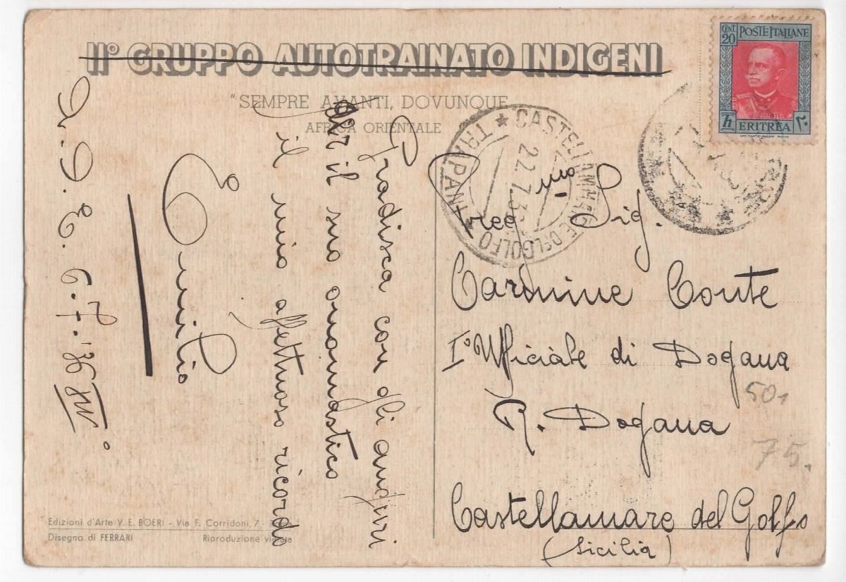 Cartolina coloniale originale il gruppo autotrainato indigeni"Sempre avanti dovunque"