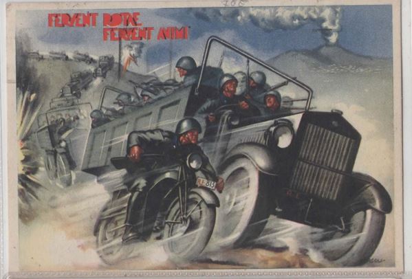 Cartolina originale futurista "Fervent rotae - Fervent animi" 10° centro automonilistico Napoli