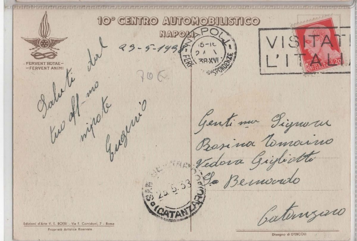 Cartolina originale futurista "Fervent rotae - Fervent animi" 10° centro automonilistico Napoli
