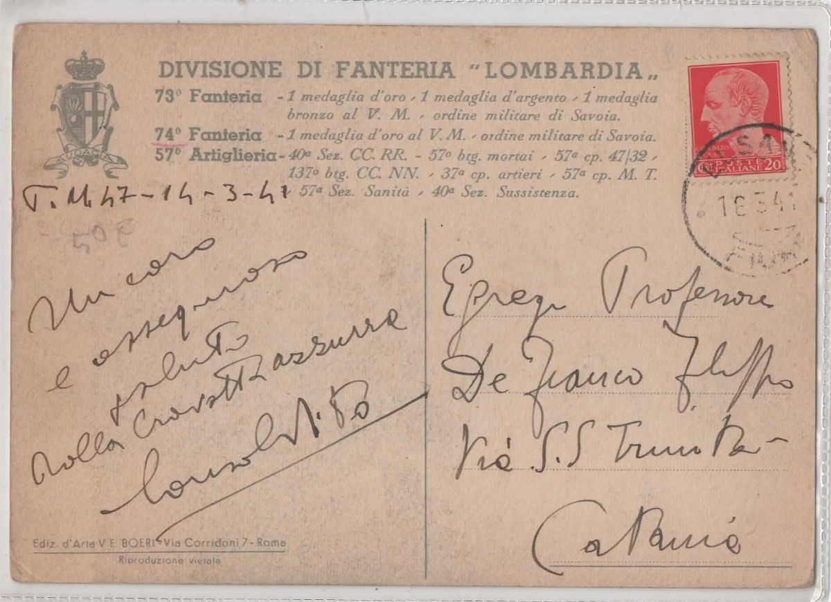 Cartolina originale divisione di fanteria "Lombardia"