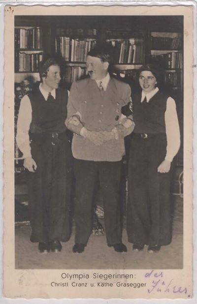 Cartolina Originale Hitler con Vincitori Olimpiade 1936 Berlino- Christl Cranz- Kathe Grasegger