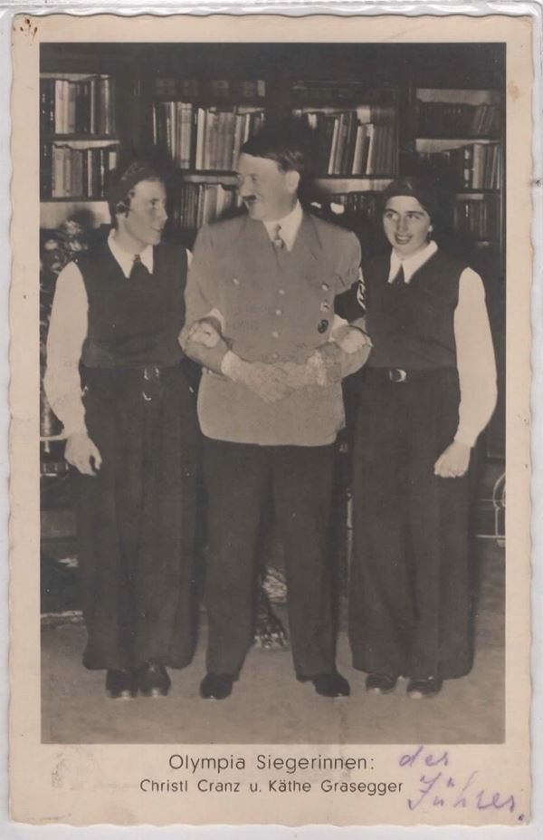 Cartolina originale Hitler con vincitori olimpiade 1936 Berlino- Christl Cranz- Kathe Grasegger