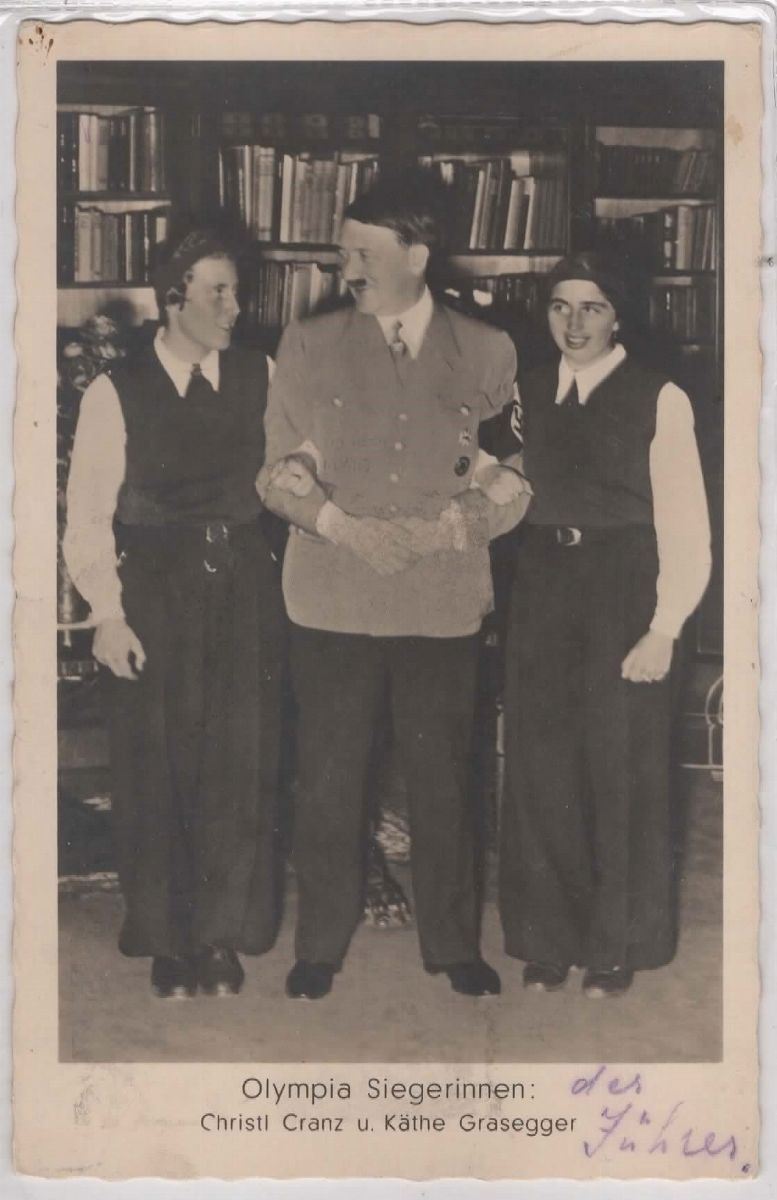 Cartolina Originale Hitler con Vincitori Olimpiade 1936 Berlino- Christl Cranz- Kathe Grasegger