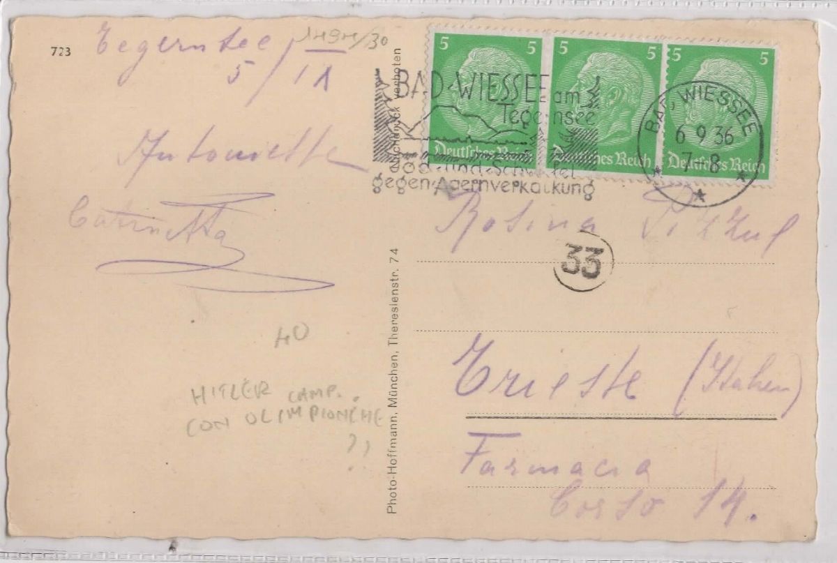 Cartolina Originale Hitler con Vincitori Olimpiade 1936 Berlino- Christl Cranz- Kathe Grasegger