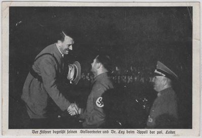 Cartolina Originale Fotografata "hitler Saluta il Suo Vice e il Dott.ley"