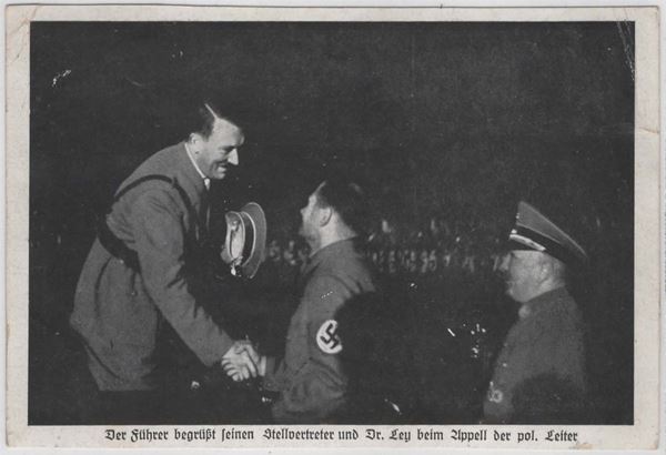 Original postcard photographed "Hitler greets his deputy and Dr. Lee"