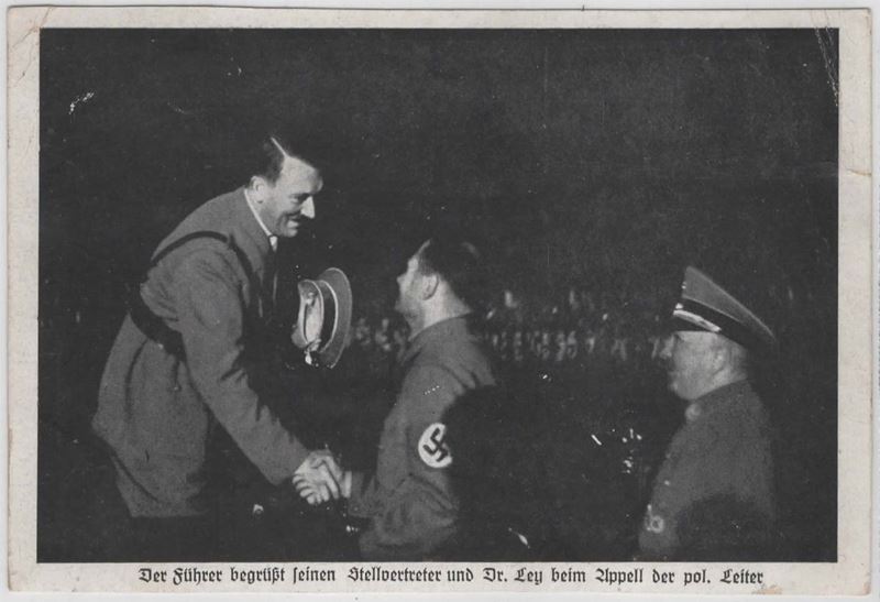 Cartolina Originale Fotografata "hitler Saluta il Suo Vice e il Dott.ley"