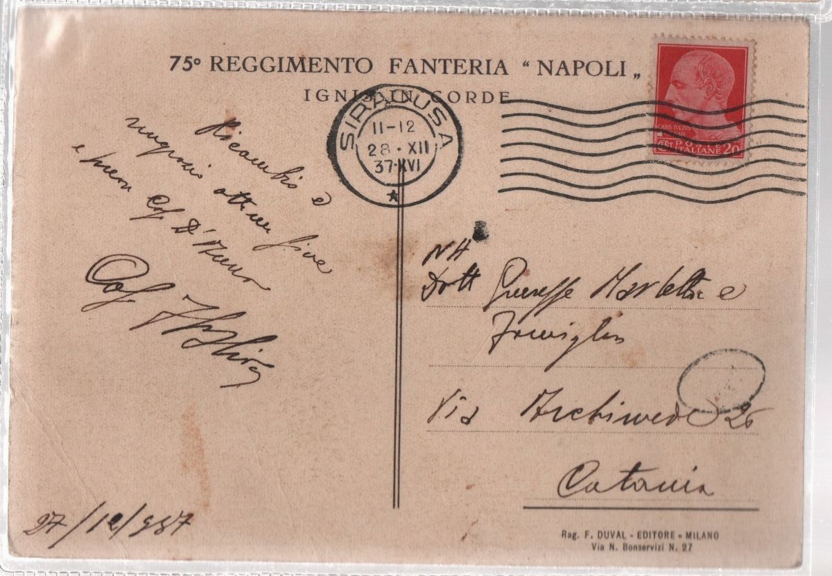 Rara cartolina originale 75° reggimento fanteria "Napoli"- "Ignis in corde"