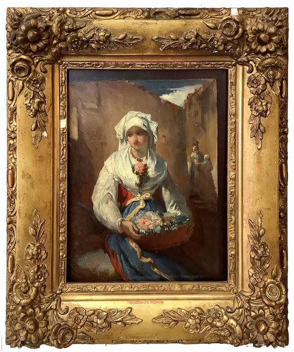 Jean-Fran&#231;ois Portaels - Ragazza in abiti popolari con vaso di fiori