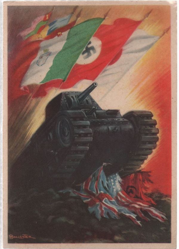 Cartolina originale Italia- Germania- Giappone, propaganda fascista delle forze armate.
